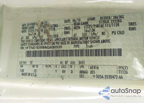 2010 Ford E-150 Commercial/Recreational из США, поврежденный, VIN 1FTNE1EW8ADA90535